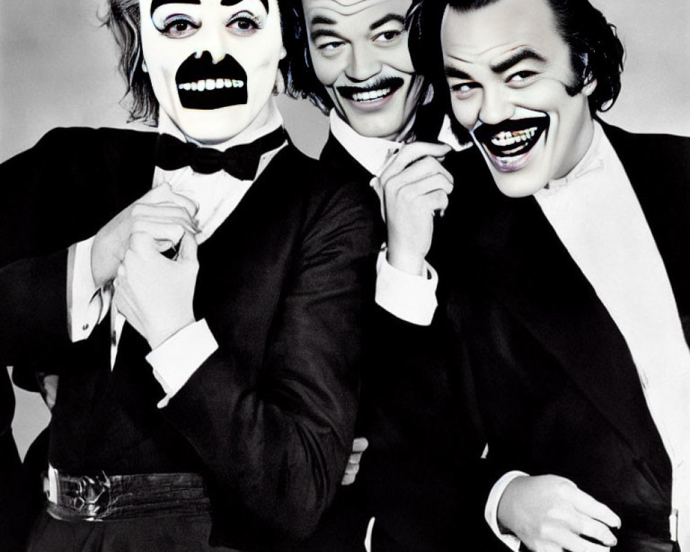 Three people in suits with cartoon smiles and mustaches posing playfully