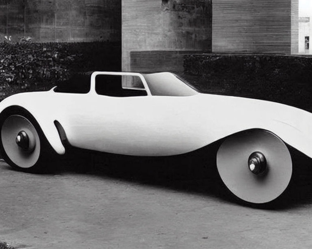 Sleek vintage-style concept car with open-top and oversized wheel covers parked outside building