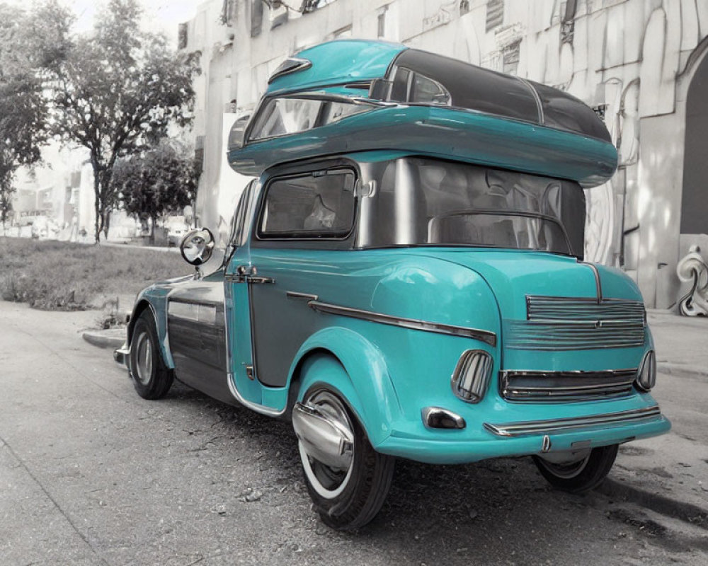 Vintage Aqua-Colored Car with Canoe on Urban Street