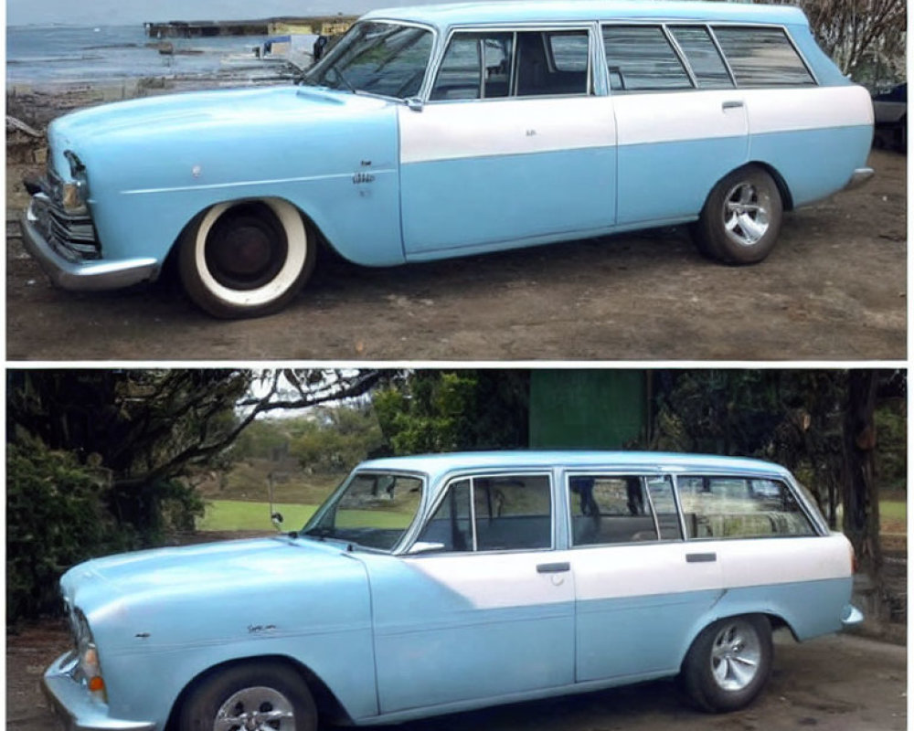 Restored Vintage Blue Station Wagon with Custom Wheels by Water