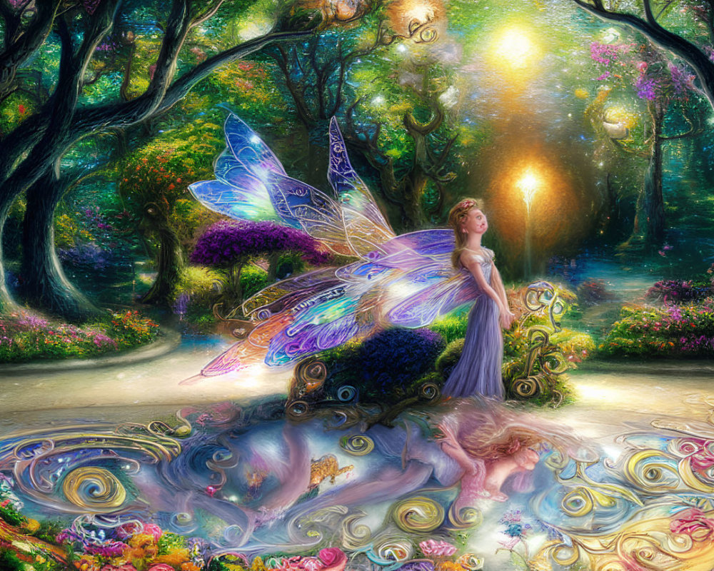 Woman with iridescent wings in enchanted forest with soft glowing light