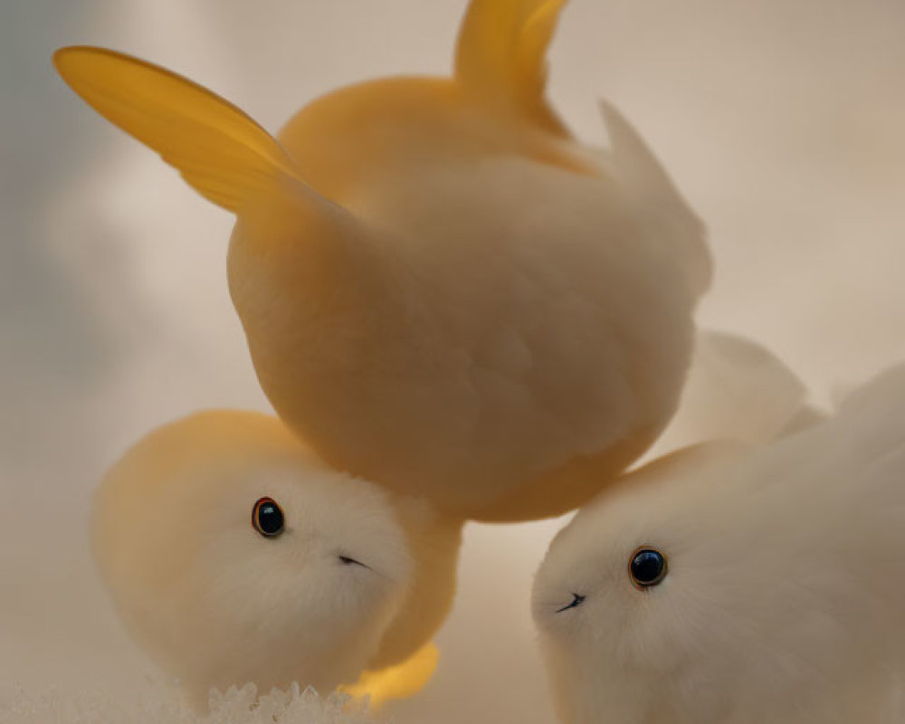 Three fluffy bird-like creatures with large eyes and soft feathers huddling together, one displaying prominent yellow