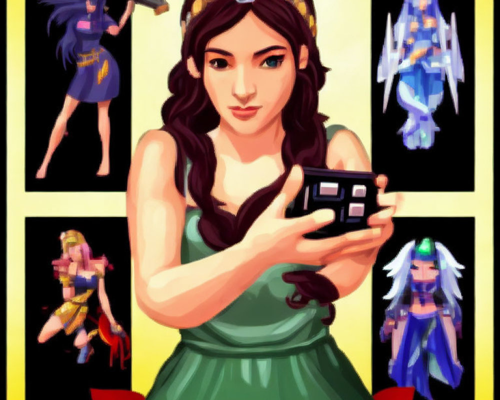 Digital Artwork Collage of Woman with Game Controller and Female Warrior Characters