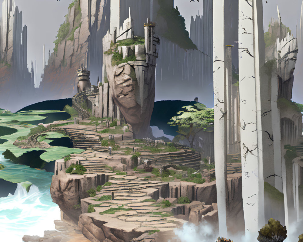 Fantastical landscape with towering pillars, stairway, waterfalls, ancient structures & lush greenery