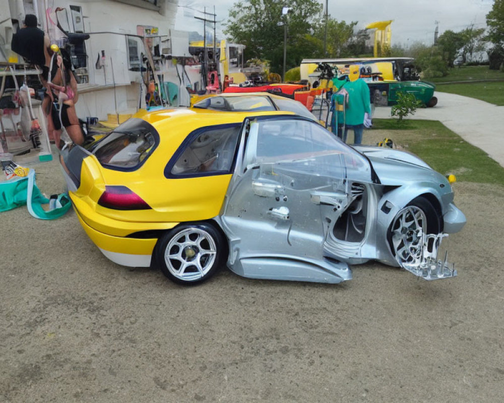 Yellow and Silver Sports Car with Exposed Internal Structure Outdoors