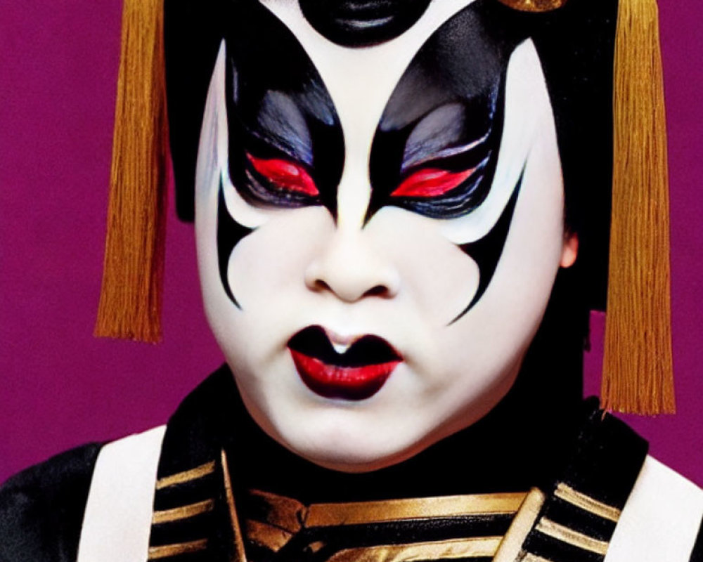 Traditional Kabuki Theater Makeup with White Base and Red/Black Eye Designs