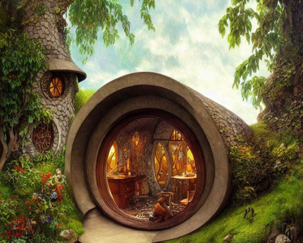 Whimsical hobbit-style house illustration in lush green landscape