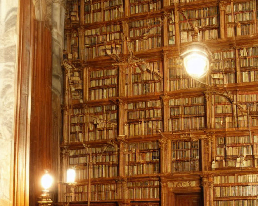 Ornate Library with Towering Bookshelves and Classical Columns