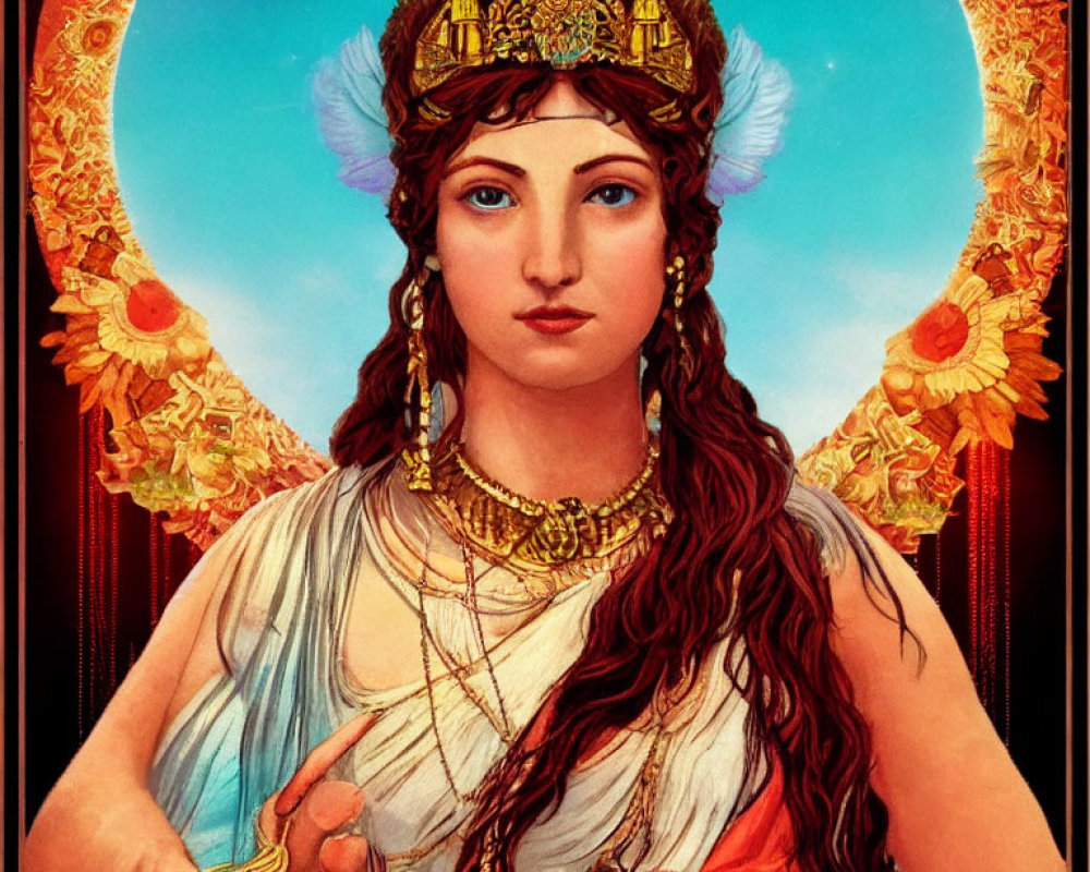 Regal woman with golden crown and ornate jewelry on warm-toned backdrop