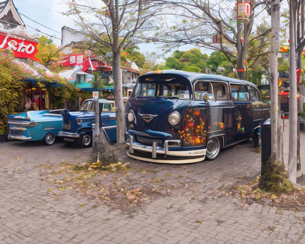 Blue convertible and black hearse parked on tree-lined street with shops.