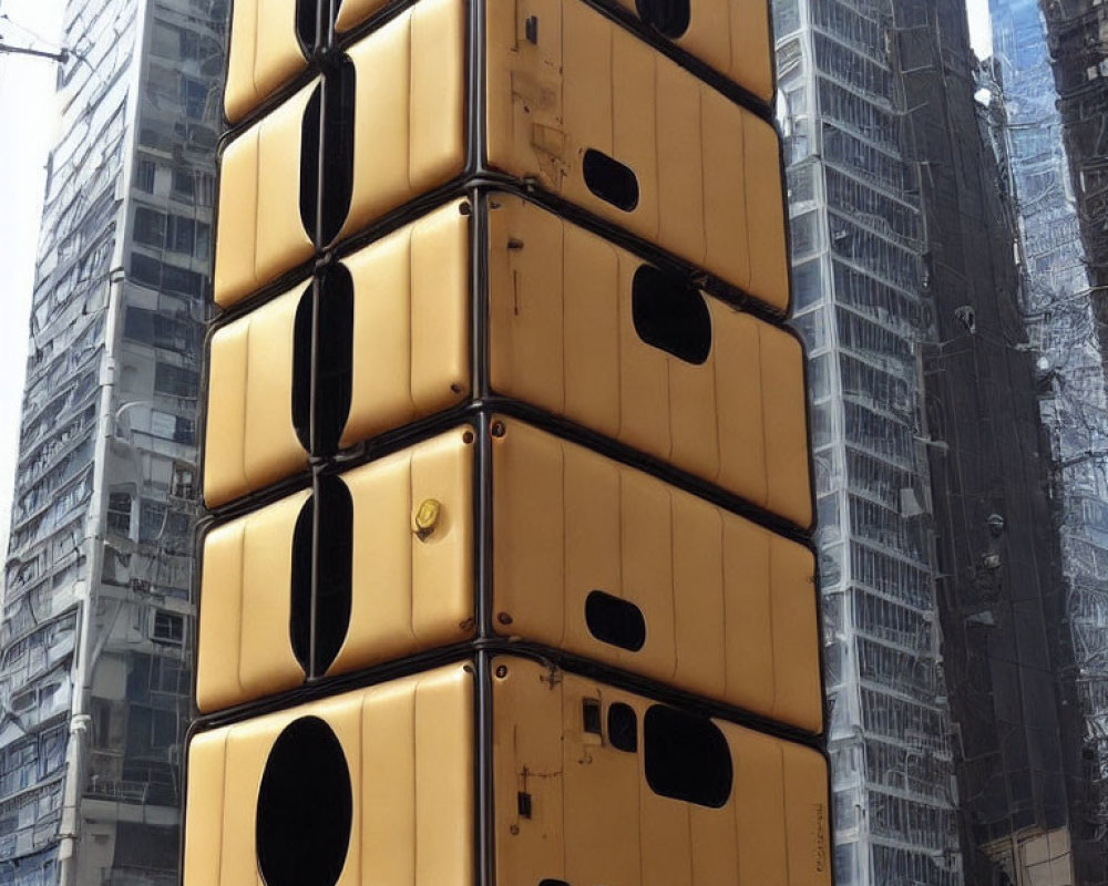 Stack of Large Yellow Containers Against Scaffolding-Clad High-Rises