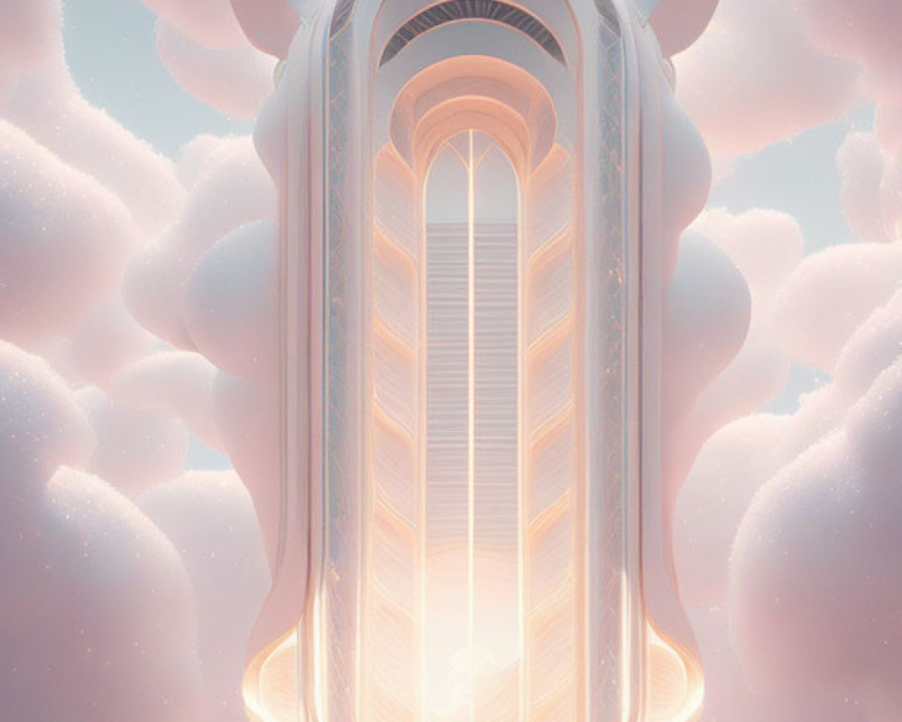 Futuristic vertical spaceship-like building in fluffy cloud surroundings