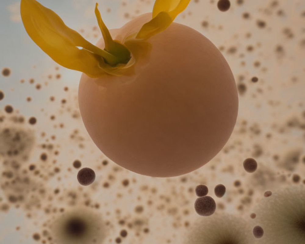 Translucent Sphere with Yellow Protrusions Among Brown and Tan Orbs