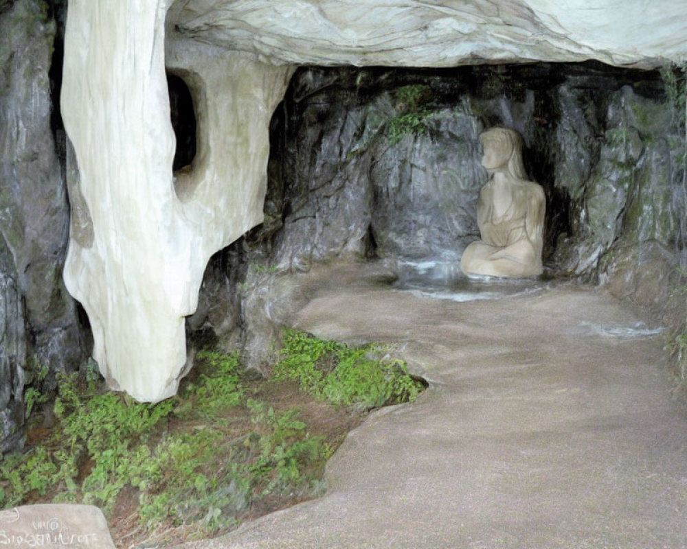 Meditating figure statue in cave-like setting with rocky walls