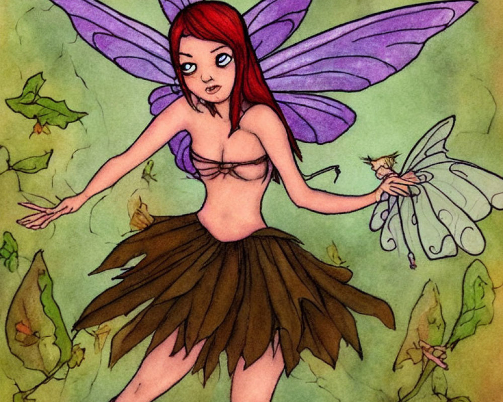 Fairy with Red Hair, Purple Wings, Brown Leaf Skirt surrounded by Green Leaves