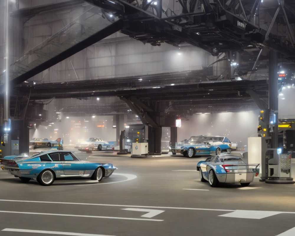 Classic Cars Exhibition in Moody Industrial Setting