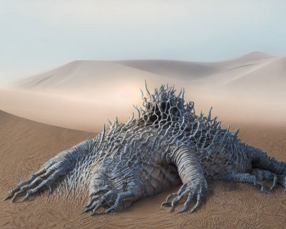 Fantasy lizard creature in desert with dunes, intricate skin textures.