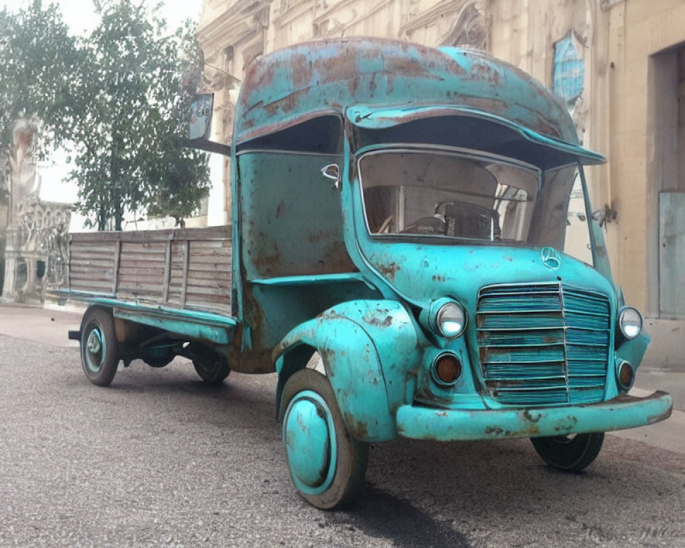 Vintage Blue Mercedes Truck with Patina on Paving Stone Street