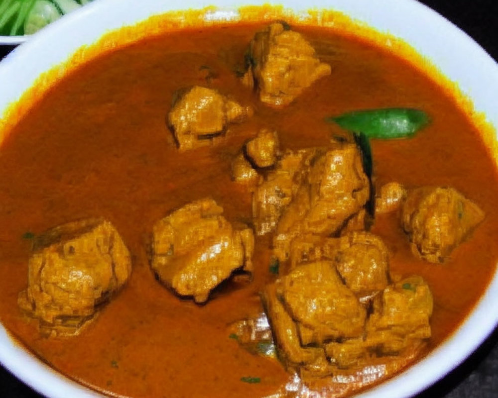 Spicy Indian curry bowl with meat chunks and green chili pepper