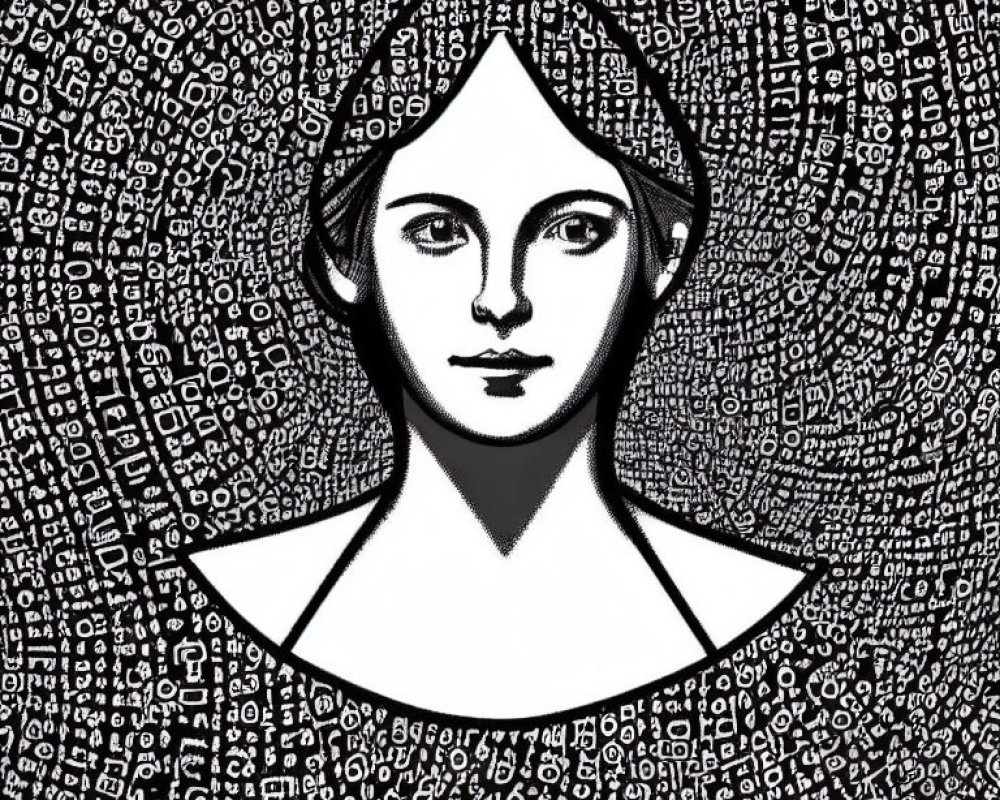 Monochrome woman's face with letters and numbers in circular design