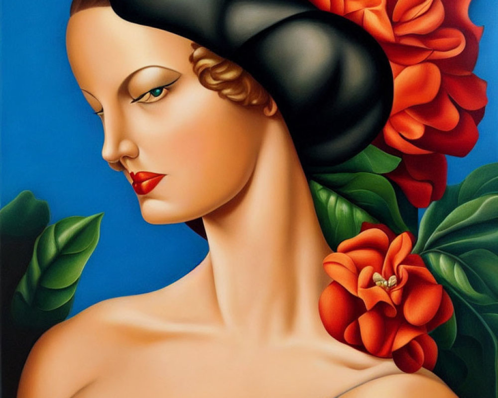 Stylized painting of woman in black hat with red flowers, bold colors & smooth lines