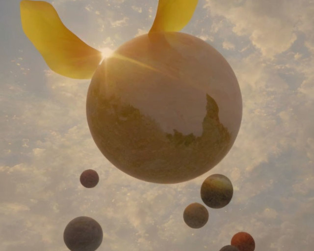 Surreal artwork featuring lemon-like planet with wings in cloudy sky