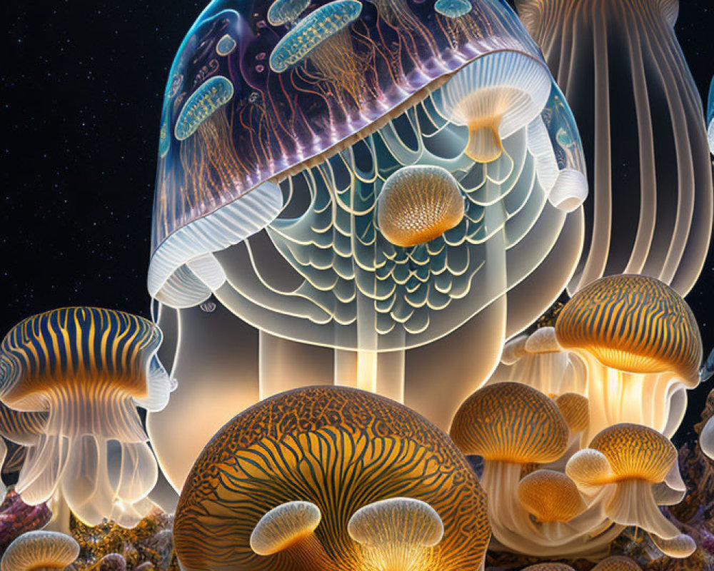 Bioluminescent jellyfish digital artwork in starry underwater scene