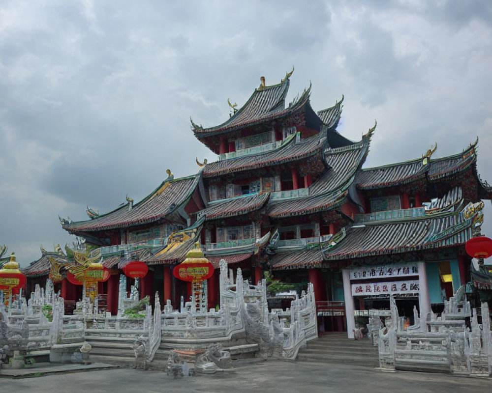 Traditional Chinese Temple with Pagoda-Style Roofs and Ornate Carvings