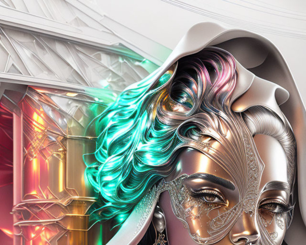 Futuristic metallic female figure with iridescent hair and gold mask against abstract glowing background.