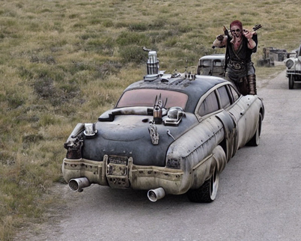 Person in Face Paint on Retrofitted Vehicle in Barren Landscape