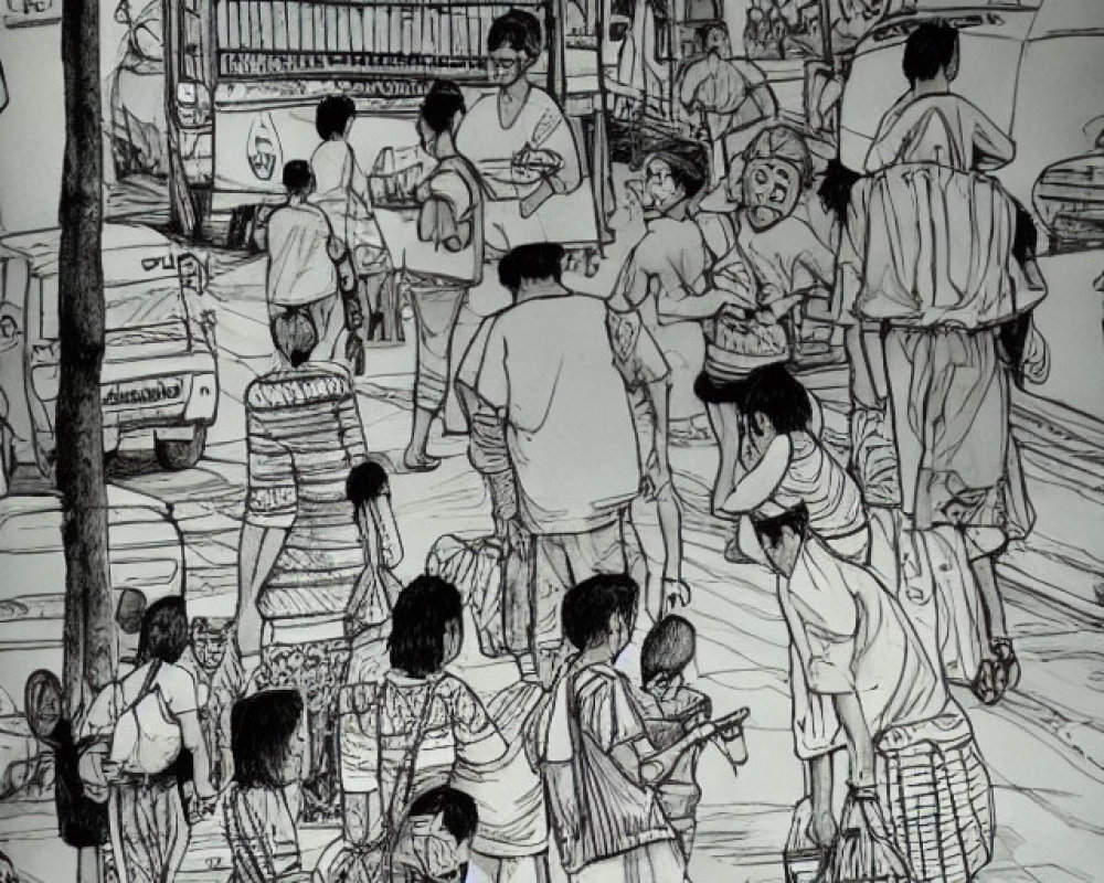 Monochrome sketch of busy street with pedestrians, tram, and vendors