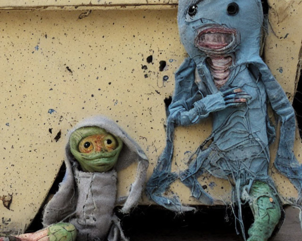 Worn-out humanoid creature toys: green alien and blue zombie with stitching