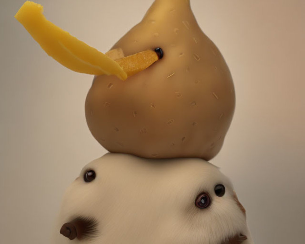 Potato with legs on fluffy creature, french fry as decoration