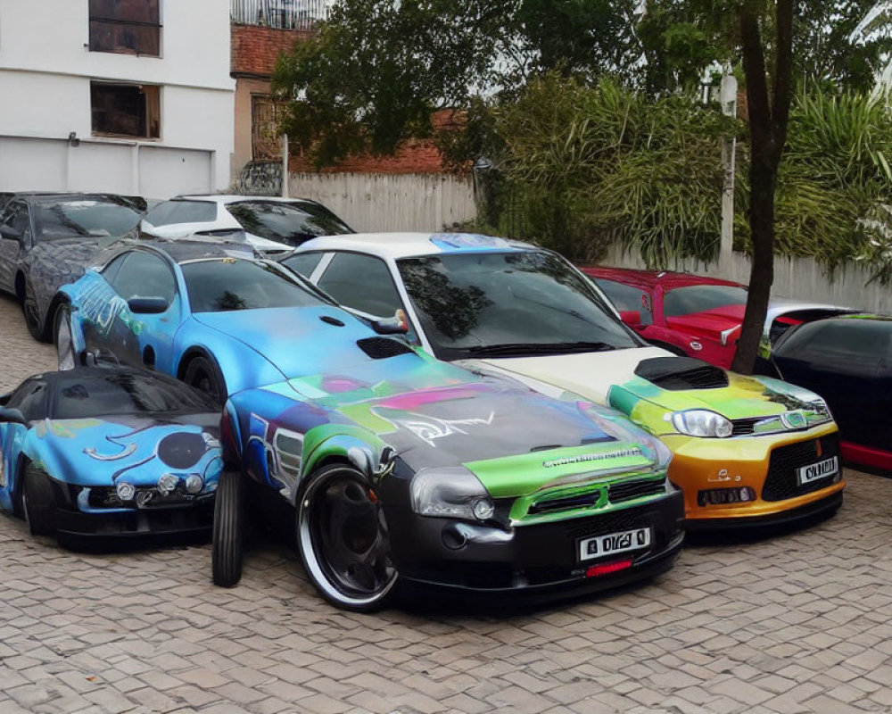 Colorful Custom Decorated Sports Cars in Parking Lot with Vibrant Artwork