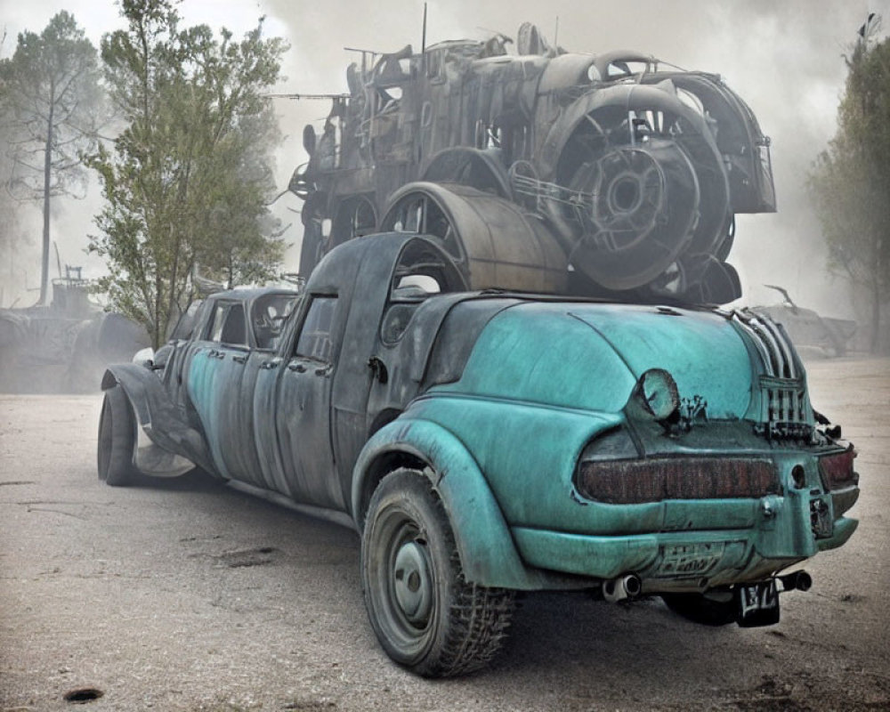 Customized car with oversized exhausts in post-apocalyptic scene