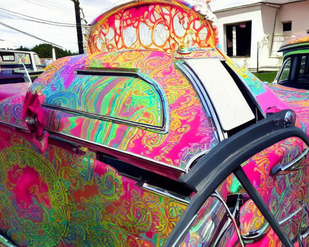 Colorful Psychedelic-Patterned Classic Car Under Bright Sky