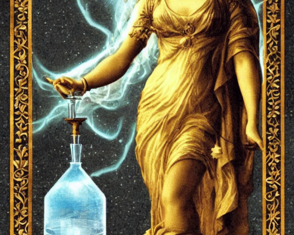 Illustrated woman in classical attire with swirling light flask against cosmic backdrop