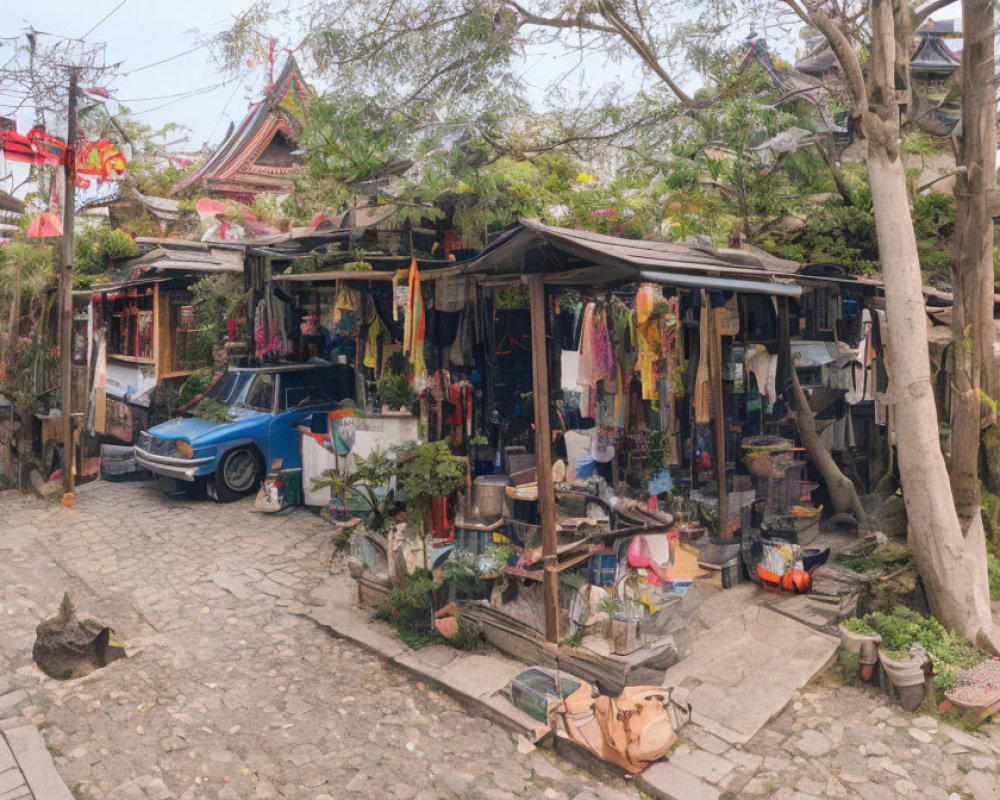 Eclectic goods at outdoor marketplace with vintage blue car under cloudy sky