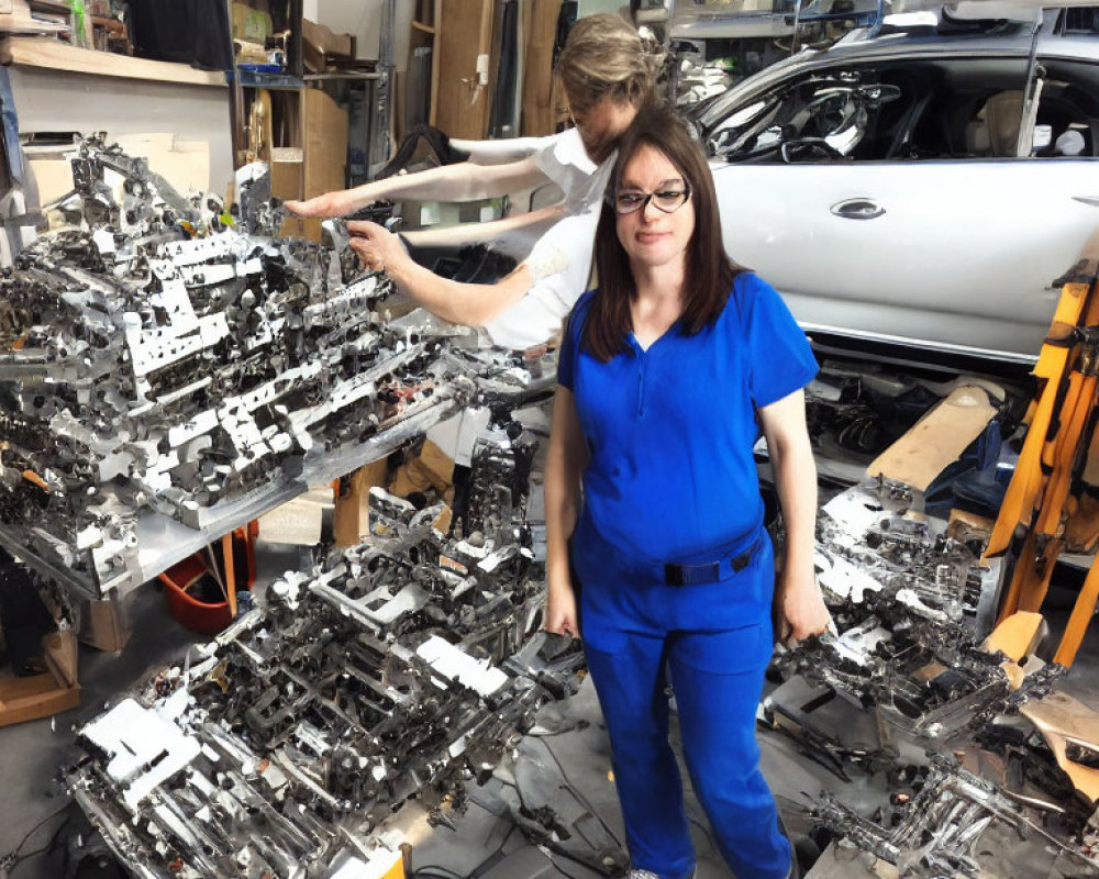 Blue uniformed person with metal sculpture and car in workshop scene.