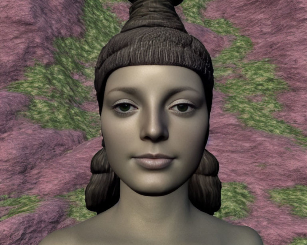 3D rendering of woman's face with unique hairstyle on pink and green backdrop