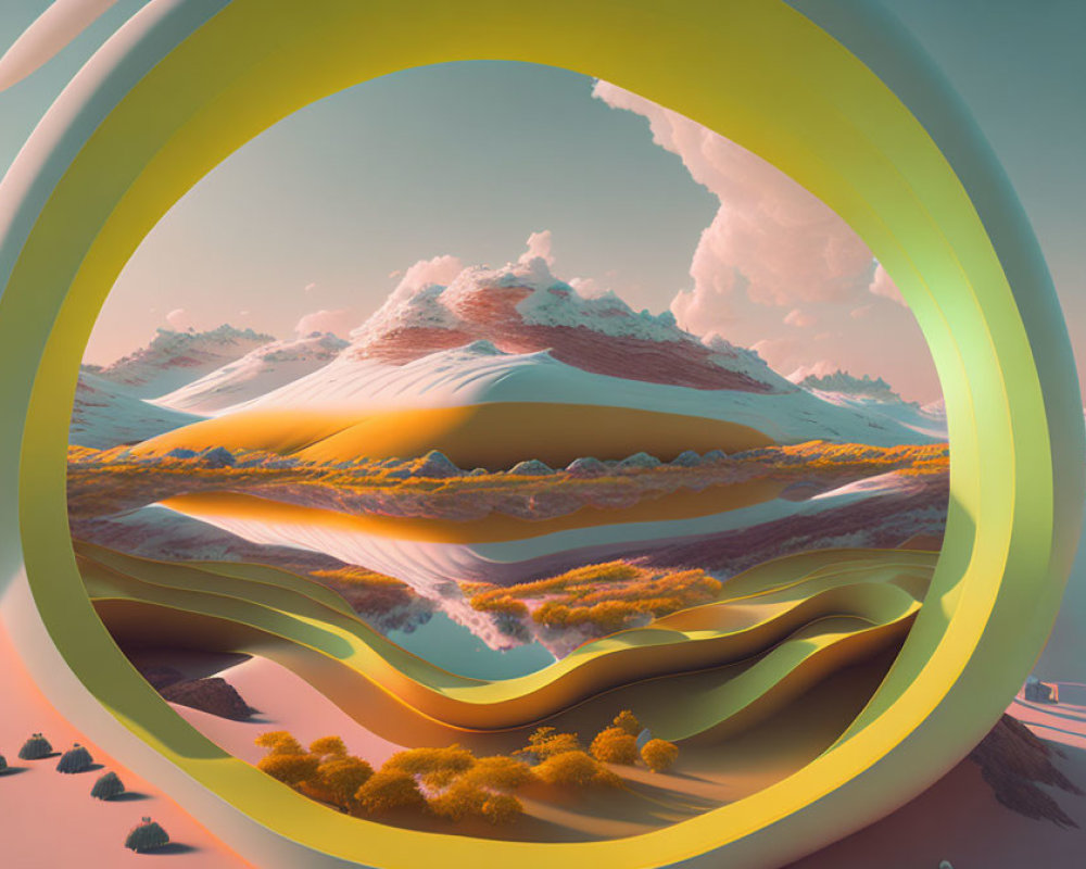 Abstract landscape with yellow shapes, orange foliage, desert dunes, and pastel sky.