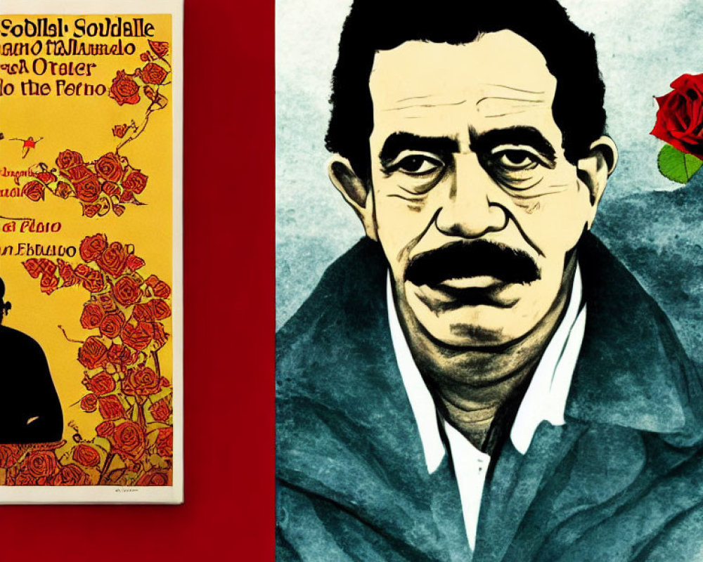 Man with Mustache in White Shirt and Jacket, Red Rose, Signature, and Vibrant Poster