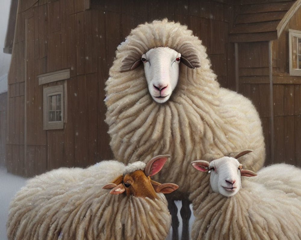 Three sheep with thick wool in front of a wooden barn in gentle snowfall