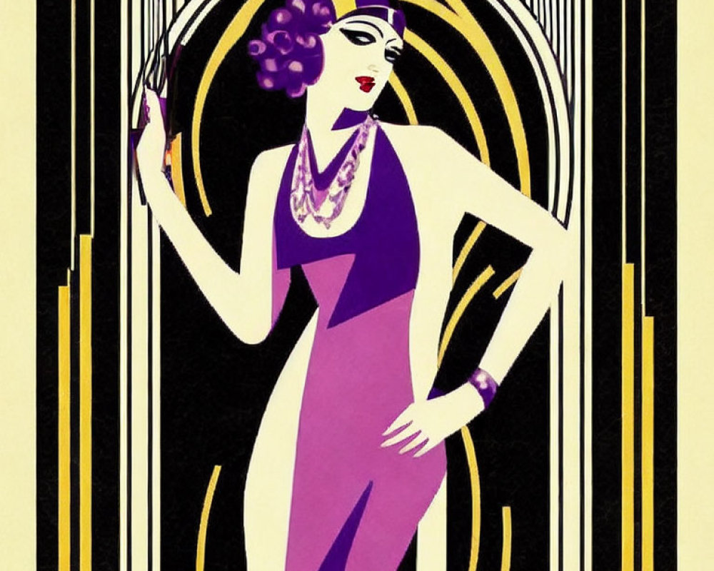 Woman in 1920s Art Deco attire with cigarette holder against geometric backdrop