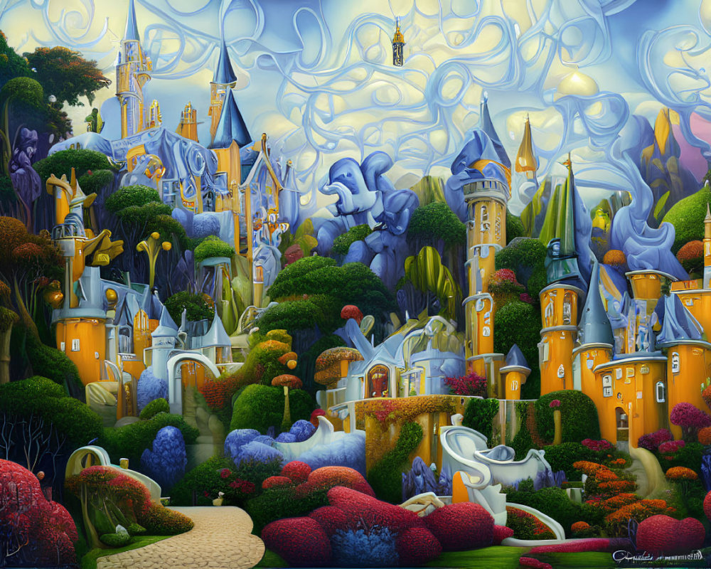 Whimsical landscape with swirling blue skies and ornate yellow castles