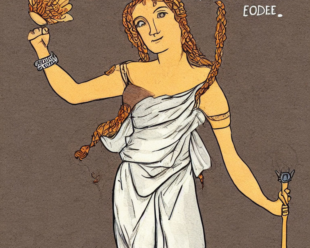 Classical Greek-inspired woman illustration with wheat, staff, and mirrored text overlays