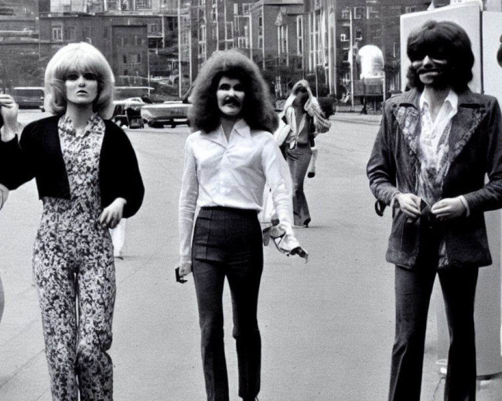 Three People with 1970s Fashion Hairstyles Walking in City Street