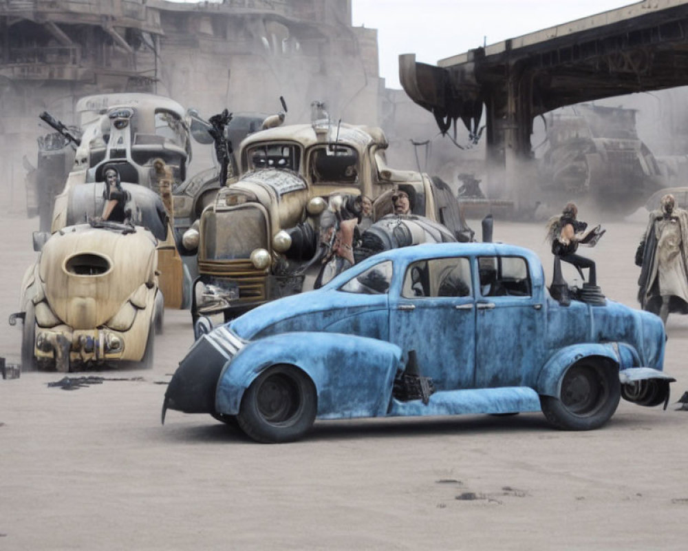 Customized vintage vehicles in post-apocalyptic setting with people, dusty landscape