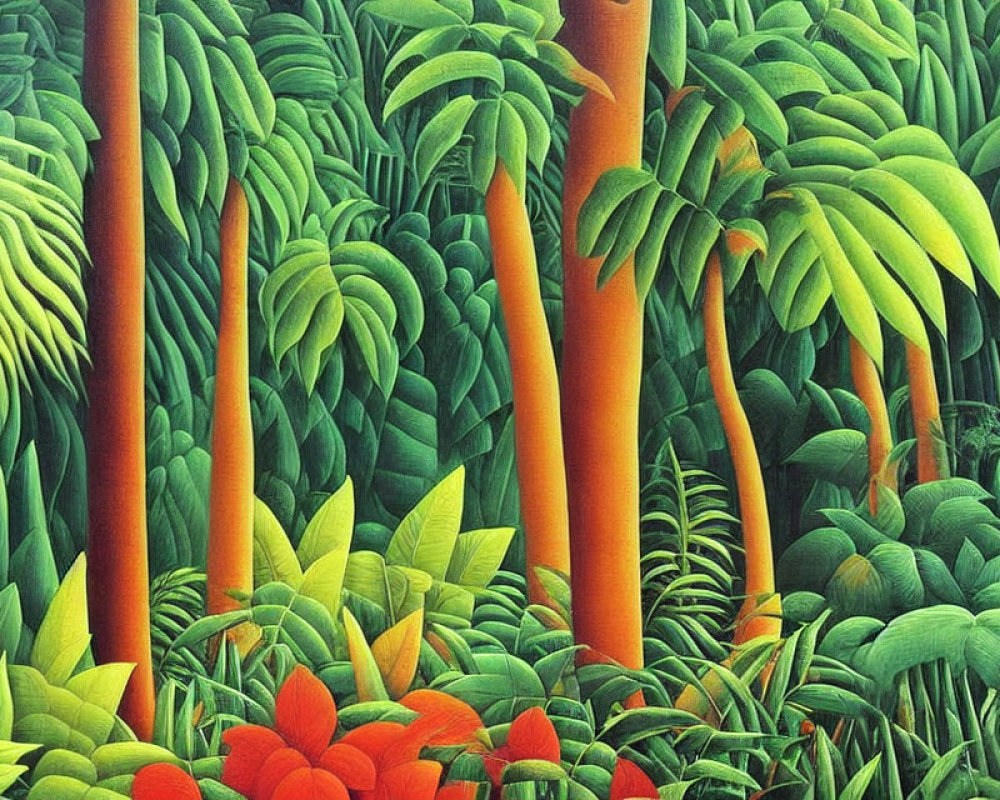 Colorful painting of lush tropical forest with vibrant orange tree trunks.