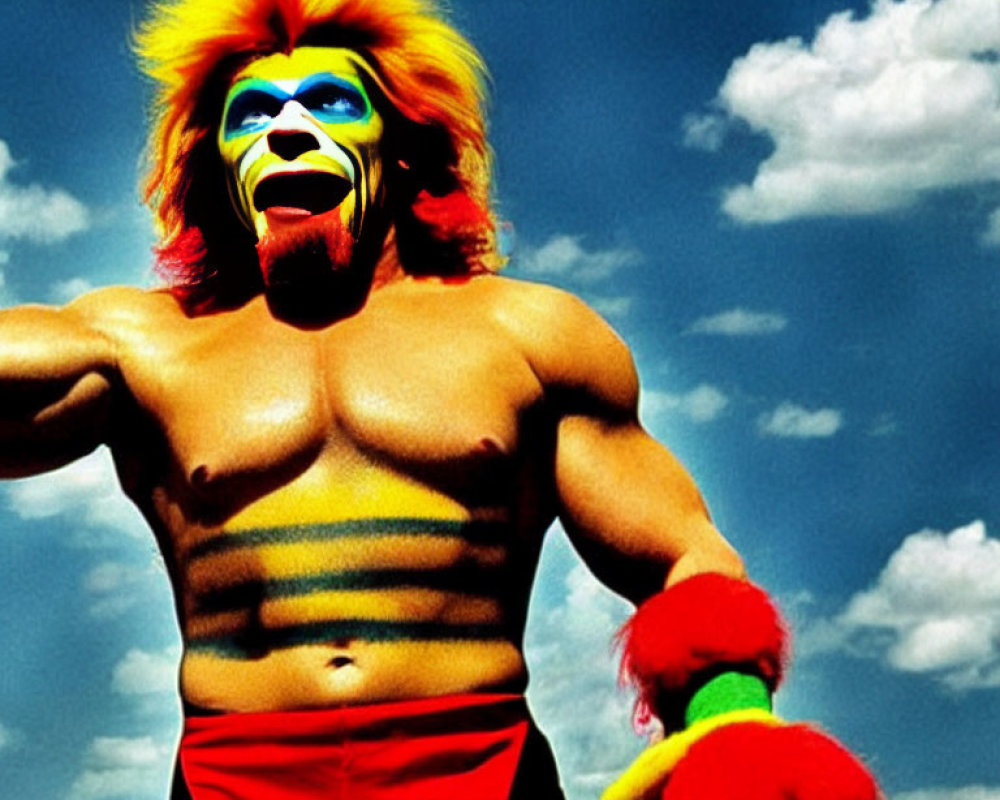 Muscular person in lion mane wig and face paint under blue sky